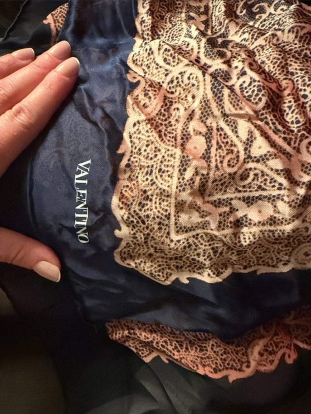 Valentino Navy Blue and Beige Lace Print Silk Scarf